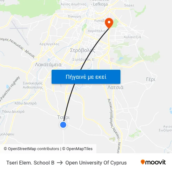 Tseri Elem. School B to Open University Of Cyprus map