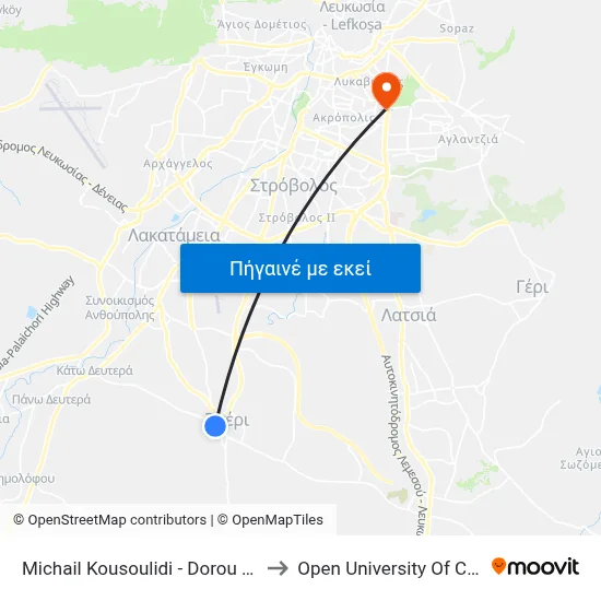 Michail Kousoulidi - Dorou Loizou to Open University Of Cyprus map