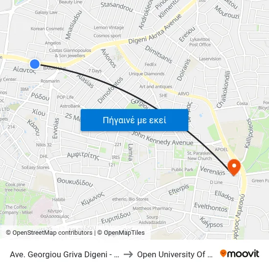 Ave. Georgiou Griva Digeni - Iasonos to Open University Of Cyprus map