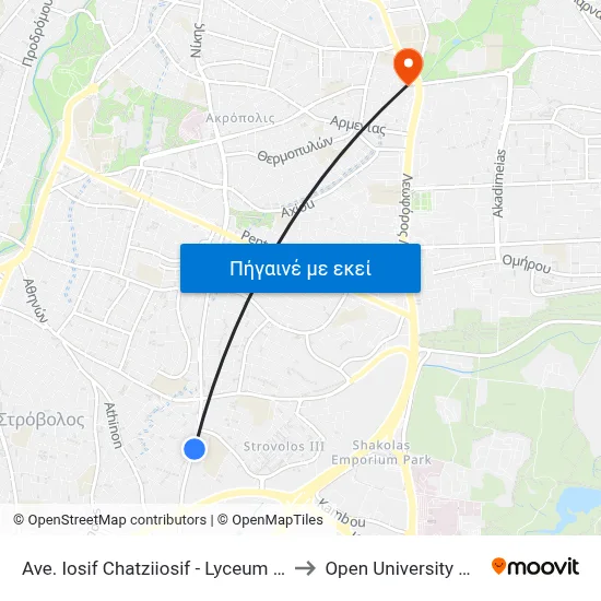 Ave. Iosif Chatziiosif - Lyceum Ap. Varnavas to Open University Of Cyprus map