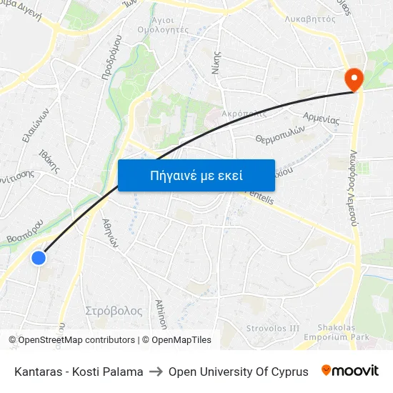 Kantaras - Kosti Palama to Open University Of Cyprus map