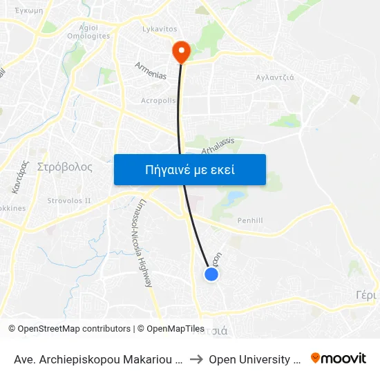 Ave. Arch. Makariou C - Petrou Iliadi to Open University Of Cyprus map