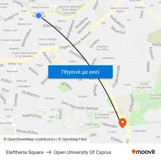 Eleftheria Square to Open University Of Cyprus map