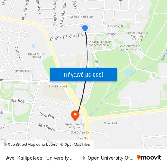 Ave. Kallipoleos - University Of Cyprus to Open University Of Cyprus map