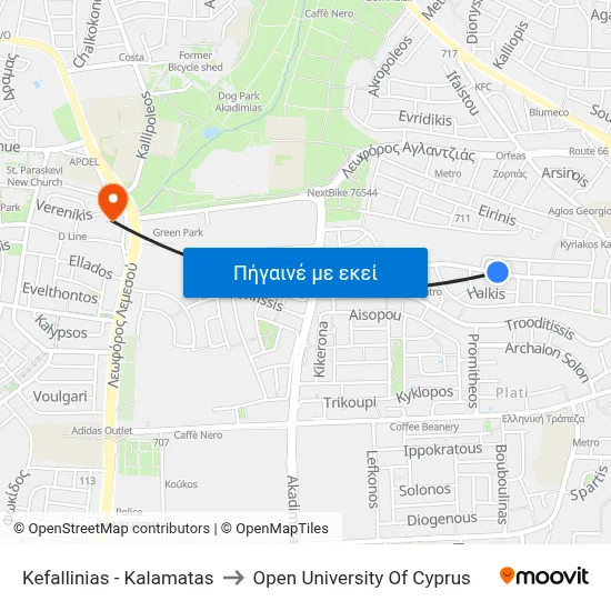 Kefallinias - Kalamatas to Open University Of Cyprus map