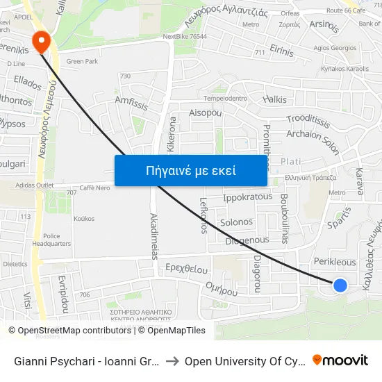 Gianni Psychari - Ioanni Grypari to Open University Of Cyprus map