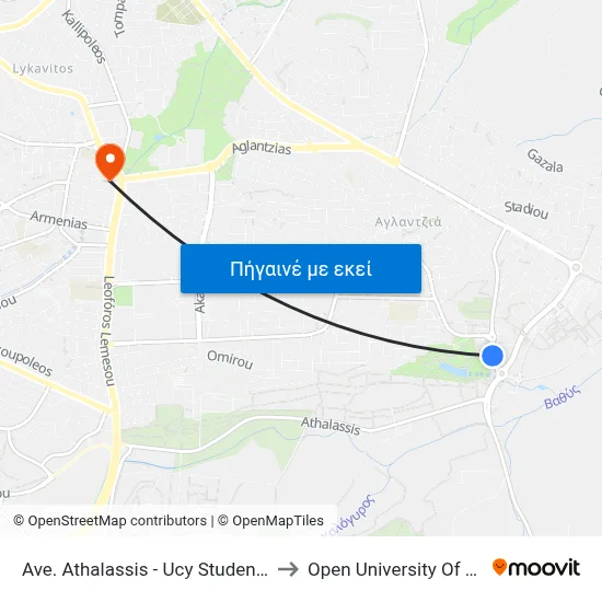 Ave. Athalassis - Ucy Student Halls to Open University Of Cyprus map