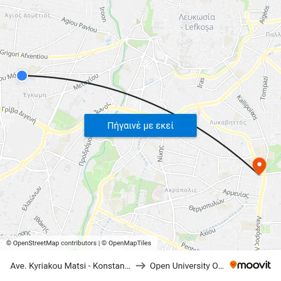 Ave. Kyriakou Matsi - Konstantinou Kanari to Open University Of Cyprus map
