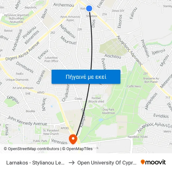 Larnakos - Stylianou Lena to Open University Of Cyprus map