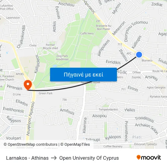 Larnakos - Athinas to Open University Of Cyprus map