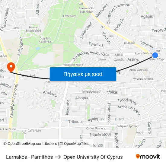 Larnakos - Parnithos to Open University Of Cyprus map