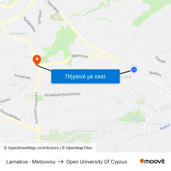 Larnakos - Metsovou to Open University Of Cyprus map