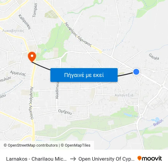Larnakos - Charilaou Michail to Open University Of Cyprus map