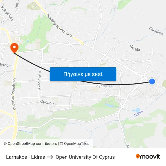 Larnakos - Lidras to Open University Of Cyprus map