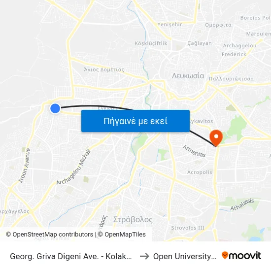 Georg. Griva Digeni Ave. - Kolakasidi Roundabout to Open University Of Cyprus map