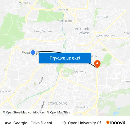 Ave. Georgiou Griva Digeni - Hilton Park to Open University Of Cyprus map
