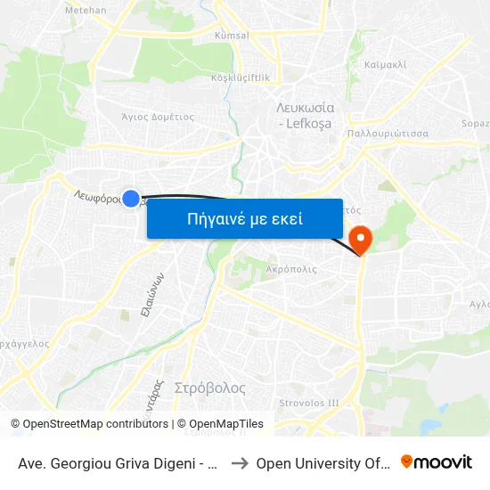 Ave. Georgiou Griva Digeni - 25 Martiou to Open University Of Cyprus map