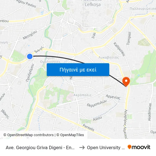 Ave. Georgiou Griva Digeni - Engomi High School to Open University Of Cyprus map