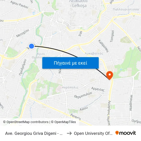 Ave. Georgiou Griva Digeni - Prodromou to Open University Of Cyprus map