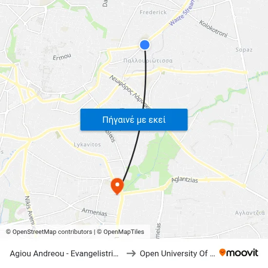 Ag. Andreou - Evangelistria Church to Open University Of Cyprus map
