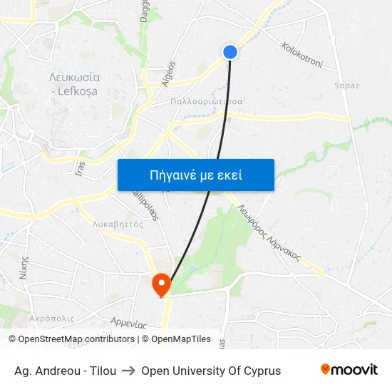 Ag. Andreou - Tilou to Open University Of Cyprus map