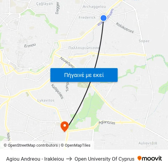 Ag. Andreou - Irakleiou to Open University Of Cyprus map