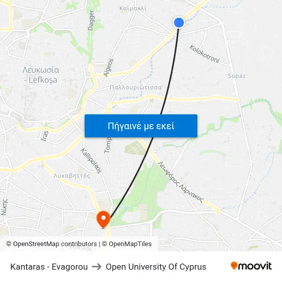 Kantaras - Evagorou to Open University Of Cyprus map