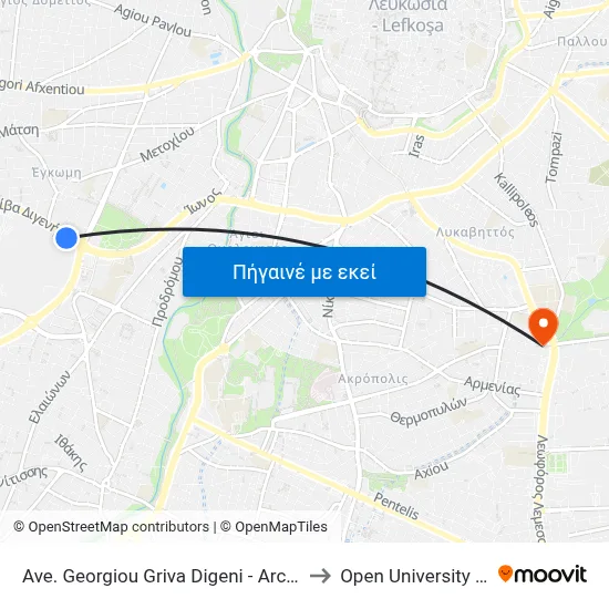 Ave. Georgiou Griva Digeni - Archangelou Michail to Open University Of Cyprus map