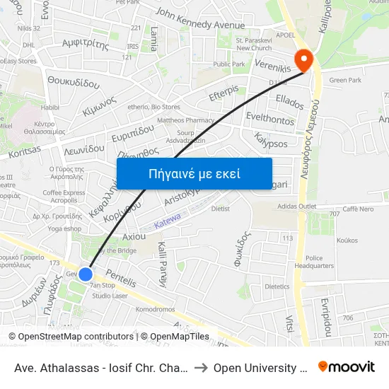 Ave. Athalassas - Iosif Chr. Chatziiosif Avenue to Open University Of Cyprus map