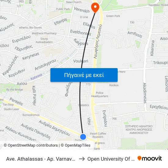 Ave. Athalassas - Ap. Varnavas Church to Open University Of Cyprus map