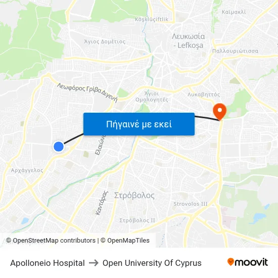 Apolloneio Hospital to Open University Of Cyprus map