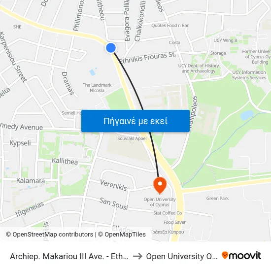 Archiep. Makariou III Ave. - Ethnikis Frouras to Open University Of Cyprus map