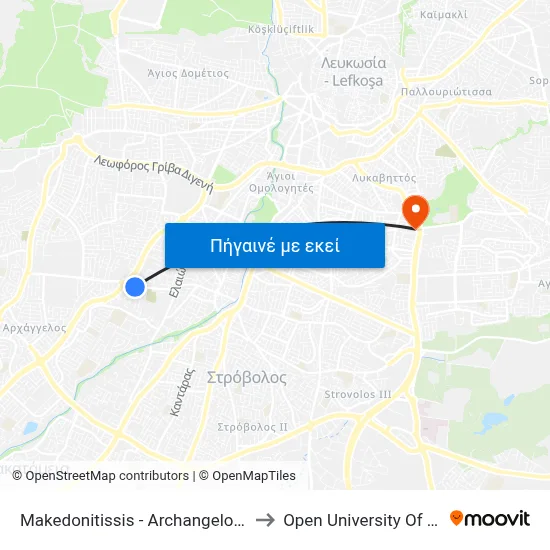 Makedonitissis - Archangelou Michail to Open University Of Cyprus map