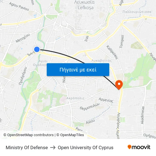 Ministry Of Defense to Open University Of Cyprus map