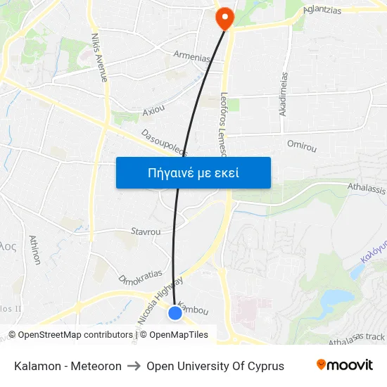 Kalamon - Meteoron to Open University Of Cyprus map