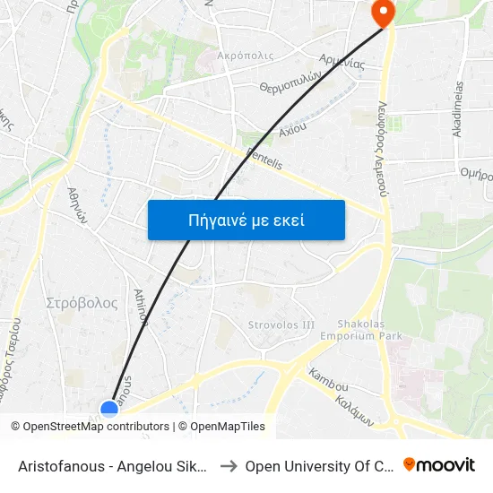 Aristofanous - Angelou Sikelianou to Open University Of Cyprus map