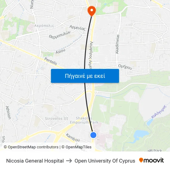 Nicosia General Hospital to Open University Of Cyprus map