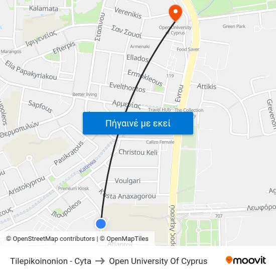 Tilepikoinonion - Cyta to Open University Of Cyprus map