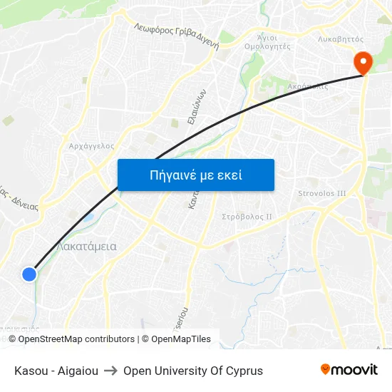 Kasou - Aigaiou to Open University Of Cyprus map