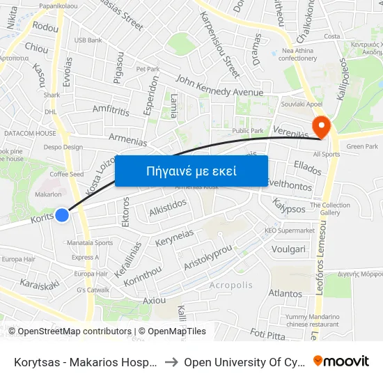 Korytsas - Makarios Hospital to Open University Of Cyprus map