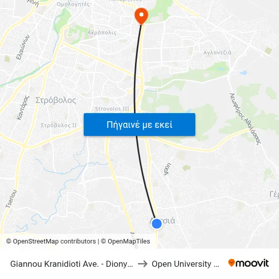 Giannou Kranidioti Ave. - Dionysiou Solomou to Open University Of Cyprus map