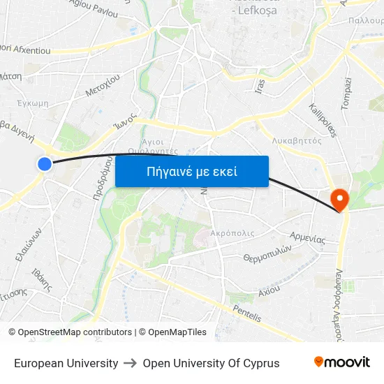 European University to Open University Of Cyprus map