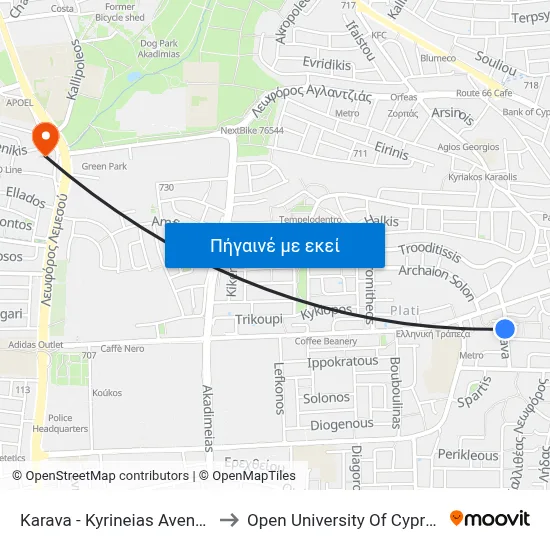 Karava - Kyrineias Avenue to Open University Of Cyprus map