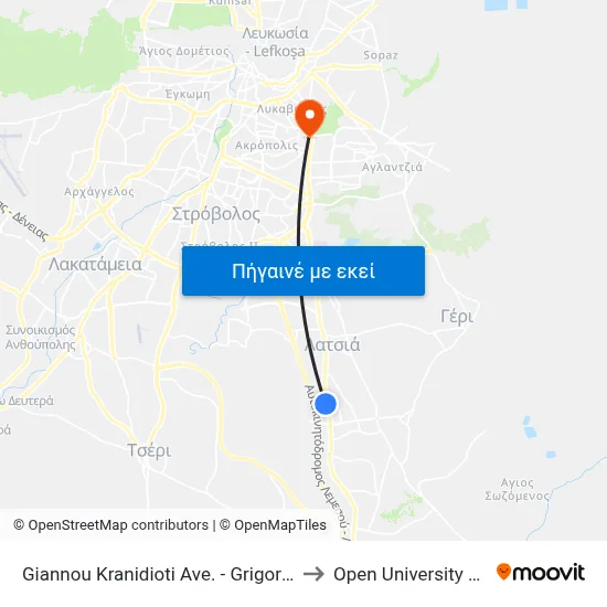 Giannou Kranidioti Ave. - Grigoriou Papaflessa to Open University Of Cyprus map