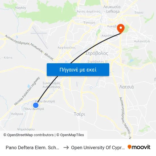 Pano Deftera Elem. School to Open University Of Cyprus map