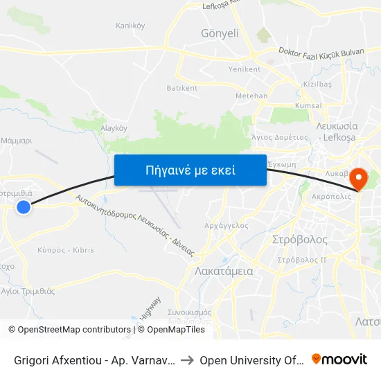 Grigori Afxentiou - Ap. Varnavas Church to Open University Of Cyprus map
