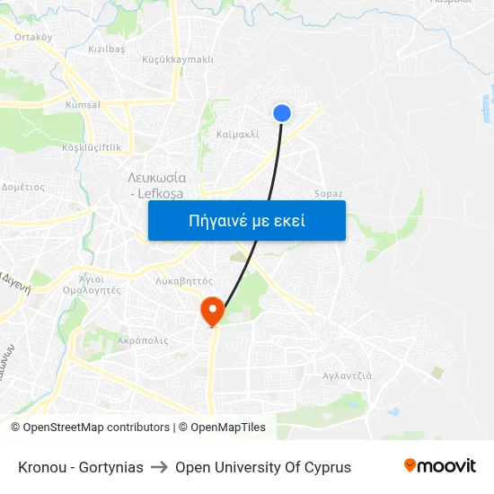 Kronou - Gortynias to Open University Of Cyprus map
