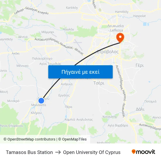 Tamasos Bus Station to Open University Of Cyprus map