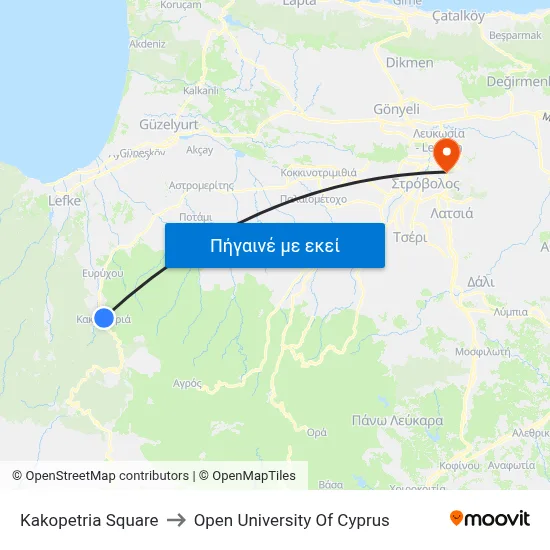 Kakopetria Square to Open University Of Cyprus map