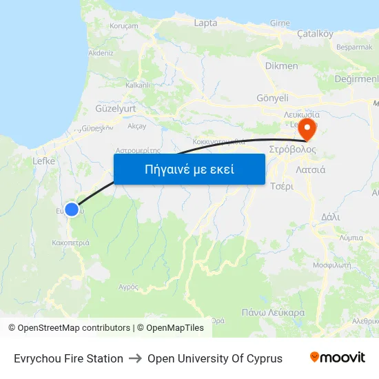 Evrychou Fire Station to Open University Of Cyprus map